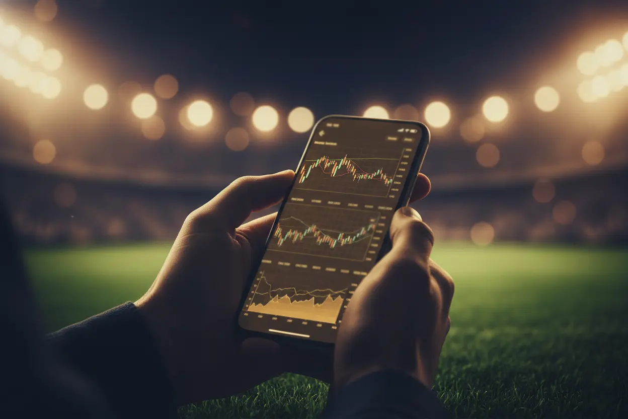 Pantalla de smartphone mostrando cuotas en tiempo real durante un partido nocturno, con el campo de fútbol desenfocado de fondo