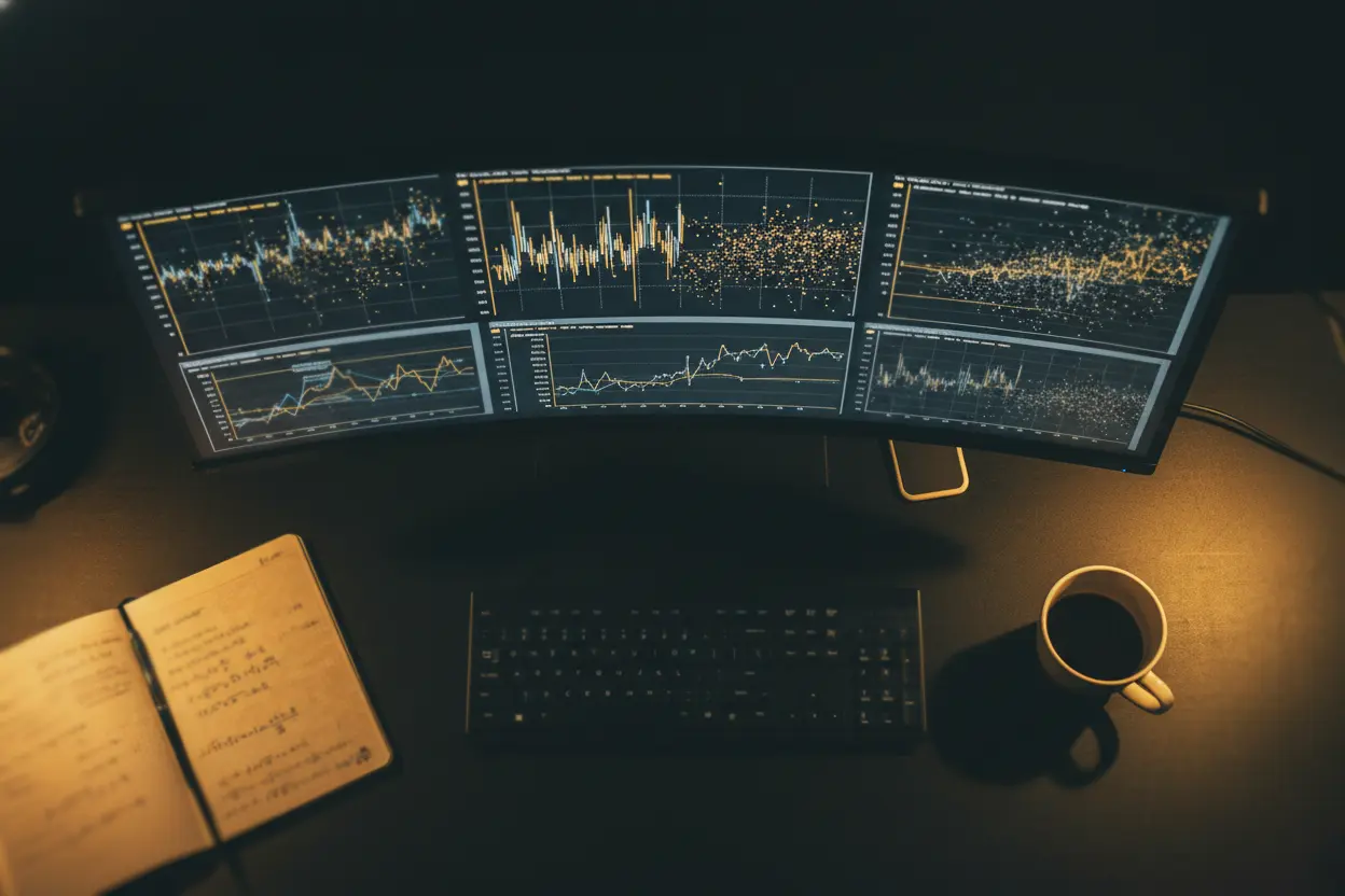 Mesa de trabajo analítica con gráficos estadísticos, una tablet mostrando métricas de rendimiento futbolístico y notas manuscritas sobre valor esperado