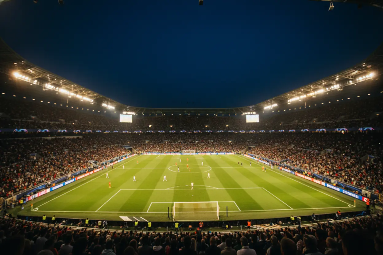 Vista panorámica de un estadio de fútbol europeo iluminado durante una noche de Champions League, con las gradas llenas y el césped bajo los focos