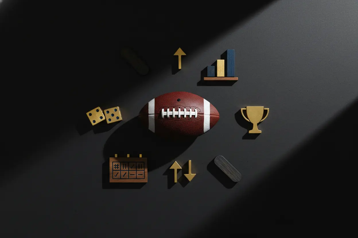 Composición visual con iconos representando diferentes tipos de apuestas deportivas: resultado, goles, tarjetas y combinadas, sobre fondo oscuro con acentos dorados